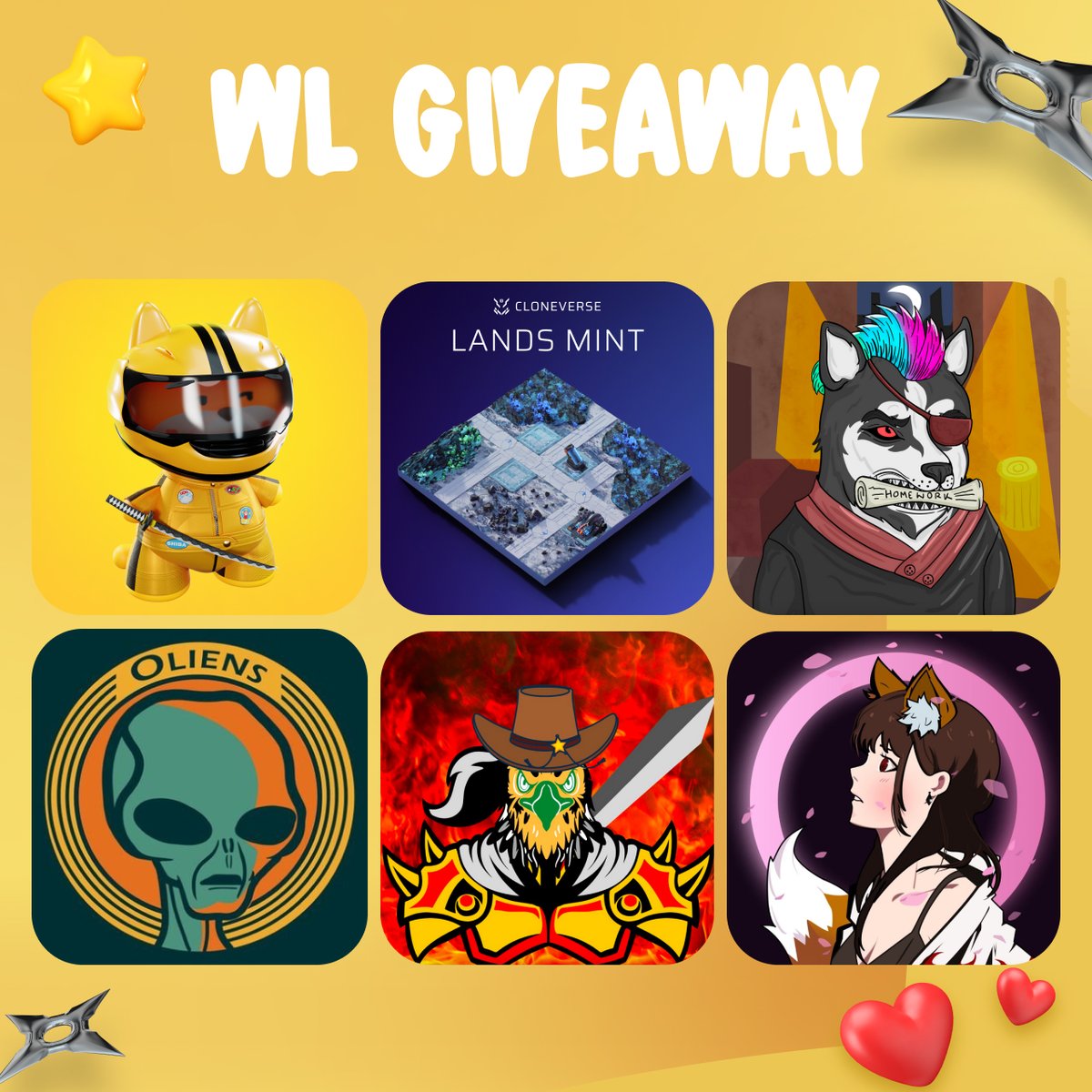 shibacademy_nft's tweet photo. 🎁MEGA #WLGiveaway🎁

@shibacademy_nft 
@Cloneverse_NFT 
@OliensNFT 
@The_UG_DogeNFT
@ninja_eagles
@KuroCollab

✅To enter:
1️⃣Follow ALL &amp; me
2️⃣RT &amp; ❤️ &amp; Tag friends
3️⃣Fill the form (link in bio)
4️⃣Join discord (link in bio)

#NFTGiveaway #NFTcommunity https://t.co/pcf70MP7ow