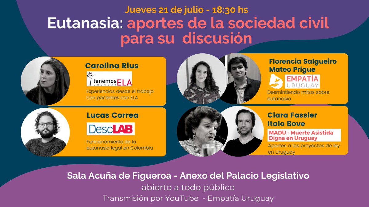 ¡Este 21 de julio nos reunimos para aportar al debate sobre la eutanasia! A las 18:30 en la Sala Acuña de Figueroa, todos invitados!
#ElegirEsDignidad #EutanasiaSi