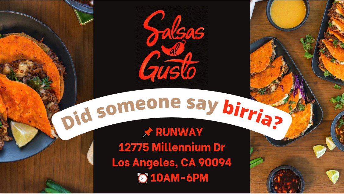 ☀️The Weekend is Finally Here!🌮 Today's Trucks: Saturday- 7/9 Salsas Al Gusto @salsas.al.gusto instagram.com/salsas.al.gust… 📌RUNWAY 12775 Millennium Dr Los Angeles, CA 90094 ⏰10AM-6PM