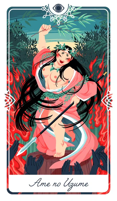 Some of you guessed correctly -- I'm working on an oracle deck! And I am so excited to finally be able to share the first card with you. Ame-no-Uzume is a Shinto deity of the dawn, mirth, and revelry. Here, she's performing a lewd dance to lure Amaterasu from her hiding place. 
