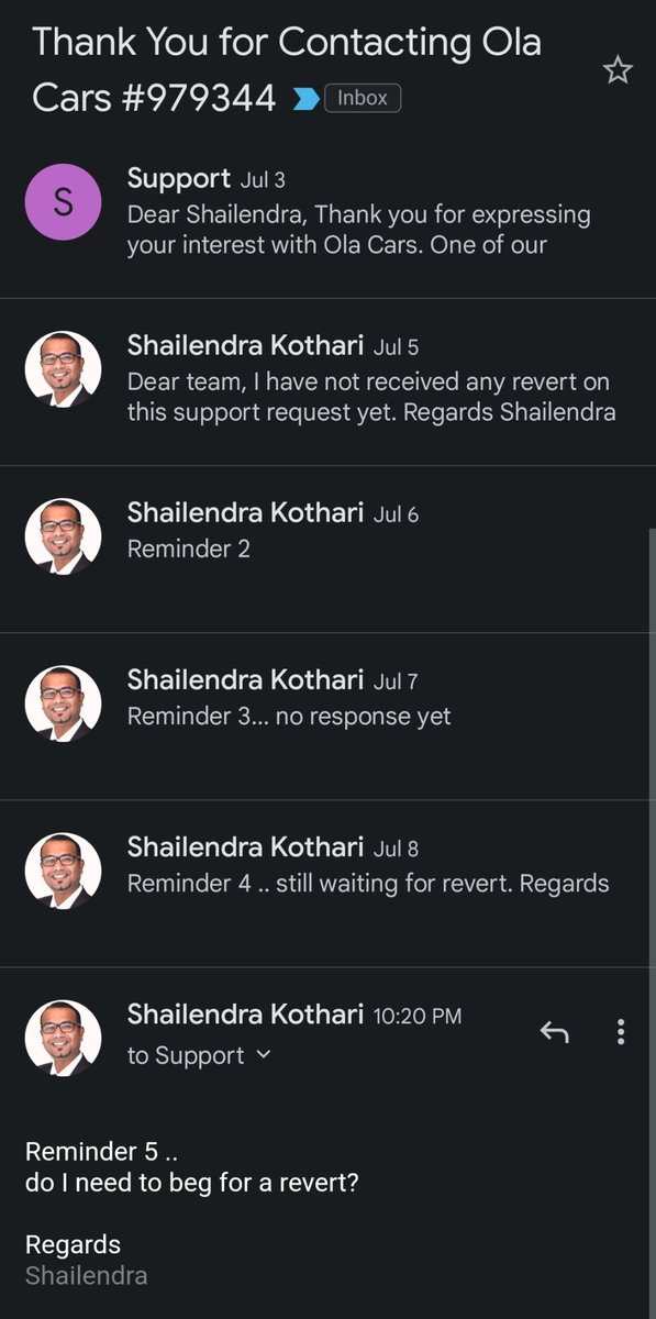 Shail_kothari's tweet photo. Friends, if you are thinking of #olaCars do look at this screenshot. Sending them mails everyday since July 3, no revert from them yet.
 @OlaCarsOfficial @OlaCars @Olacabs @Ola_Mumbai @bhash #ola #CustomerService https://t.co/BaouaWqFTS