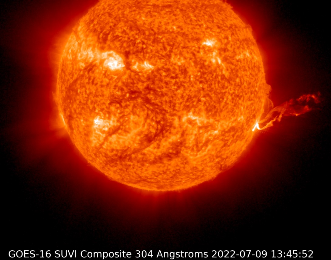 Nice eruption off the west limb beginning at 13:35 UTC (July 9). Any CME will be directed away from Earth. The M2.5 flare on Friday did produce a CME, but mostly directed east. Glancing blow may be possible by Jul 11.