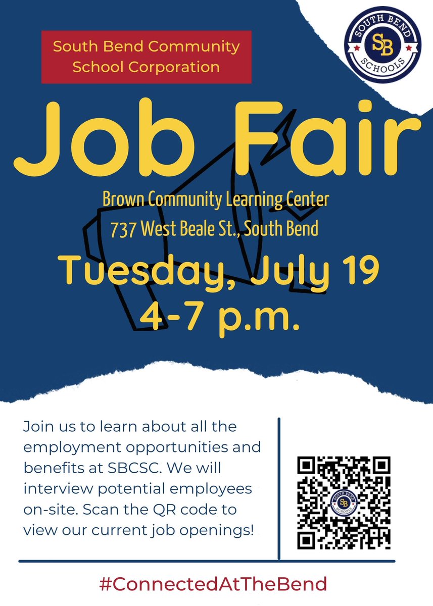 The public is invited to a job fair Tue, July 19 at Brown Community Learning Center. Learn about employment opportunities &amp; benefits at <a href="/SouthBendCSC/">South Bend Schools</a>, meet our staff, &amp; ask questions. We will interview potential employees on-site. See current job openings: sb.tedk12.com/hire/index.aspx
