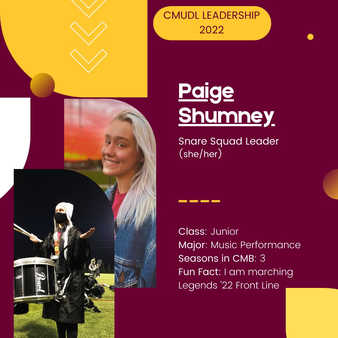 CMUDrumline's tweet photo. Next up on our Leadership introductions is our wonderful Snare Squad Leader, Paige Shumney!! Fire up, Paige🔥#fireup #fireupchips #drumline #lifeatcmu #marchingchips #cmb100 https://t.co/UJGYvSSymN