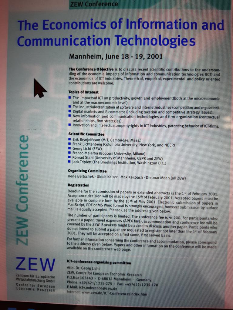 michkum's tweet photo. @JanssenReb @zew_en Great line-up, exciting keynotes, and an amazingly promising field in the award competition. Happy 20th amazing ict conference @zew_en,
 @bertschek_irene and @peitz_martin  and Ulrike Merkel  behind the scenes many years! Here is howitzer looked in 2001! https://t.co/Y0TgMFTI39