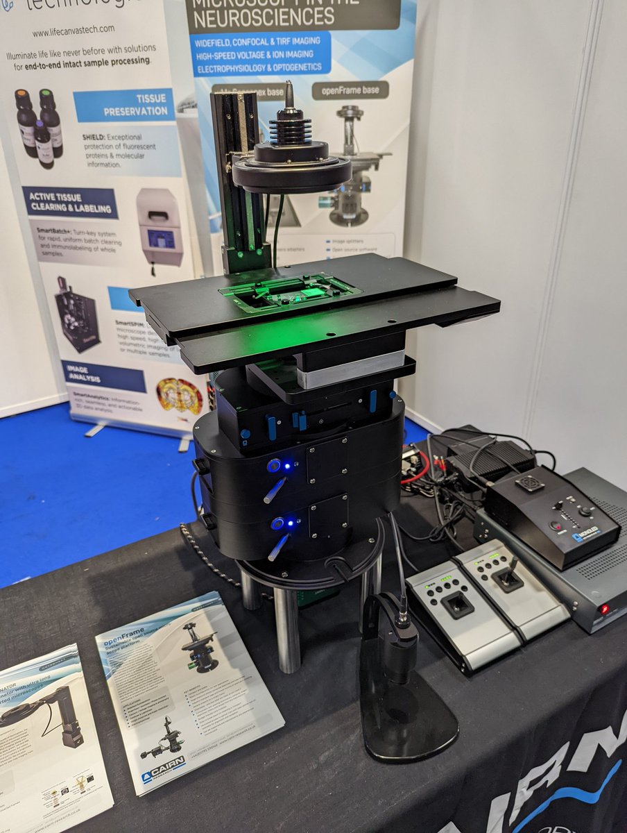 Jezpersonal's tweet photo. Finally set up at #FENS2022 😎🇲🇫 @Cairn_Research @CairnGmbH Visit us at booth 091 to see our shiny new automated openFrame microscope and how the same modules can work with dipping lenses on the uMs frame from @Sensapex. Also delighted to host our friends at @LifeCanvasTech. https://t.co/NGnlE2ipdG