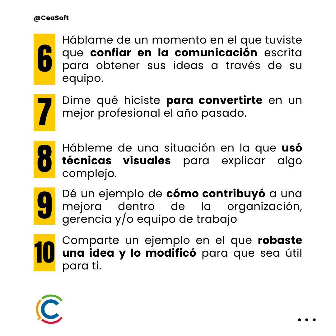CeaSoft's tweet photo. 👍 Contratar a grandes personas.

Revisa esta lista de 24 #preguntas de comportamiento relacionadas con las prácticas e ideas de #Management 3.0 #M30

Clic en este enlace 👉 https://t.co/P6HyLtonh2 para ver la información más completa 

#gerente #colaboradores #entrevista https://t.co/N13PxTUGGY
