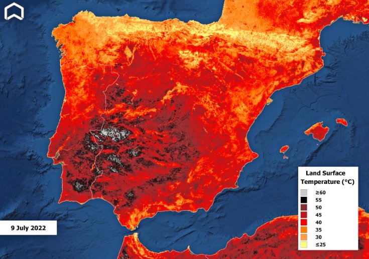 PlatformAdam's tweet photo. The first #Copernicus #Sentinel3 cloud free image of the #IberianPeninsula in July (9th) offers an impressive LAND SURFACE TEMPERATURE on the eve of the second #summer's #heatwave. Soil temperature (not air!) rose above 60 degrees C in #Spain and #Portugal. #OlaDeCalor @WMO https://t.co/11XZ28UCL1