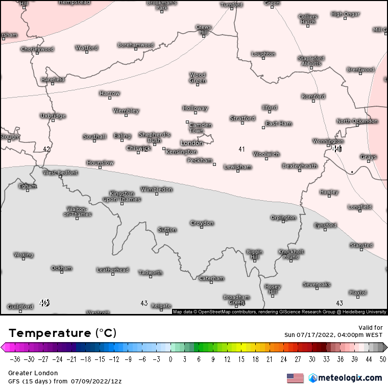 Almost unbelievable UK #heatwave forecast next Sunday 4 pm. 41°C (106°F) in London, 43°C (109°F) across Surrey. If this GFS forecast turns out to be accurate, it will smash records &amp; it will kill people. The UK has never recorded a temperature in the 40s &amp; *is not ready* for it!
