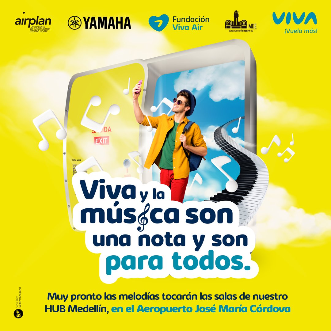AeropuertoMDE's tweet photo. #VivaLaMusicaYamahaEnMDE | Desde el do, re, mi hasta el sol, la, si... 🎵🎶 ¡Sí, sí! Las notas serán las protagonistas en nuestro Aeropuerto. 🤯 ¡Esperéralo muy pronto con @VivaAirCol, @funda_vivaair y @YamahaMusical! https://t.co/VSVQW3il0c