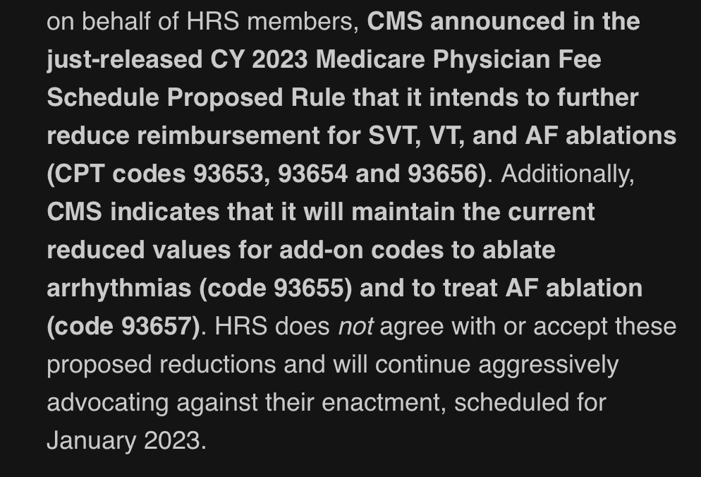 sgreenbergmd's tweet image. For those unaware:

@CMSGov has proposed to cut reimbursements for ablations in 2023 again, after a near 35% decrease in 2022.

20% decrease for afib, 14% for VT, 6.4% for svt.

This is unacceptable @HRSonline @ACCinTouch
