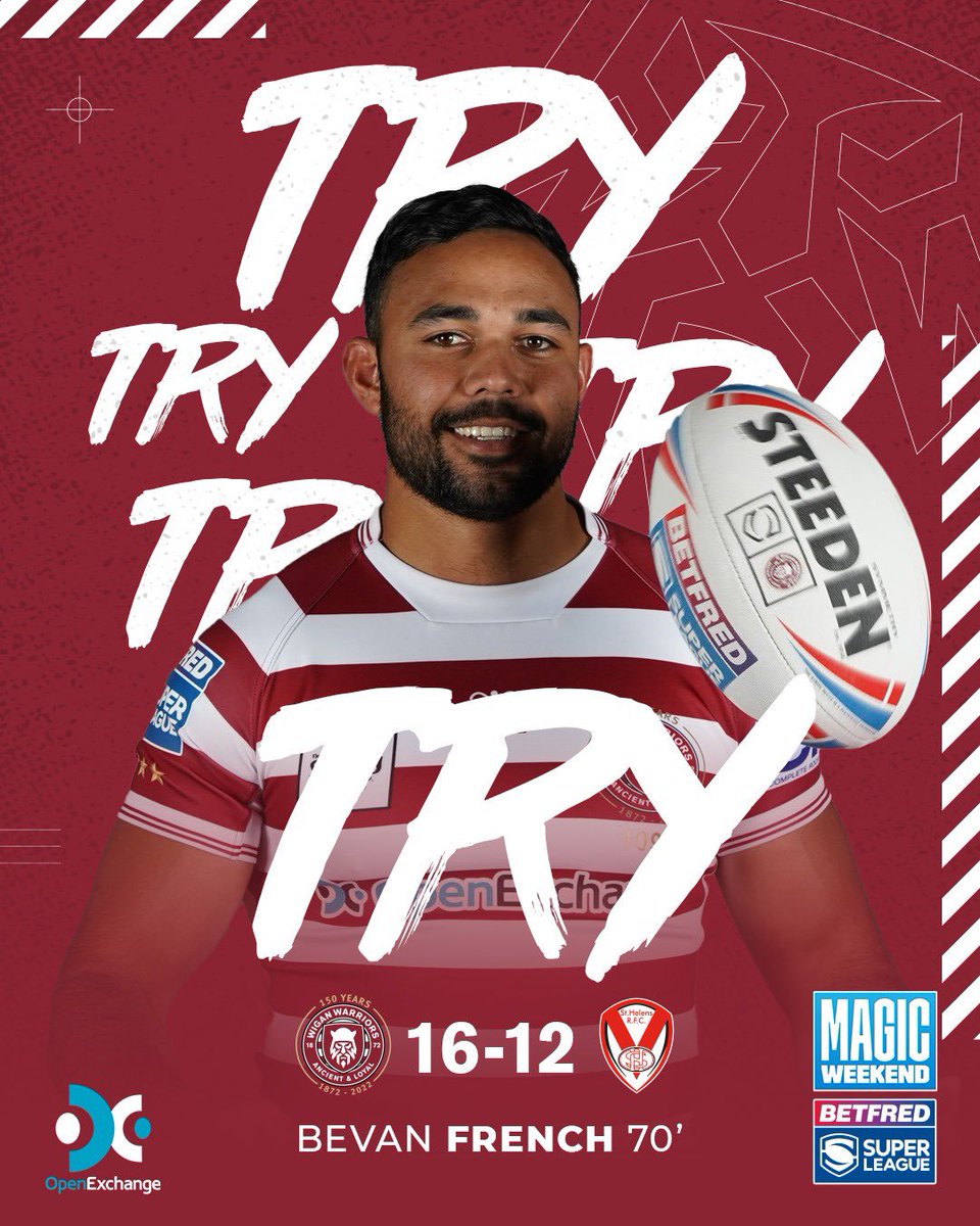 WiganWarriorsRL's tweet photo. 70’ TRYYYYYYYYYYYYYYYYYYYYYYYYYYYYY!!!!! 

Unbelievable try from Wigan! @JaiTField with the break, he puts a kick towards the right edge and French is there to collect and he gets away from Welsby to touch down!! 

🍒⚪️ 16-12 ⚪🧊

#WWRL #MagicWeekend https://t.co/TGfFBrvbZP