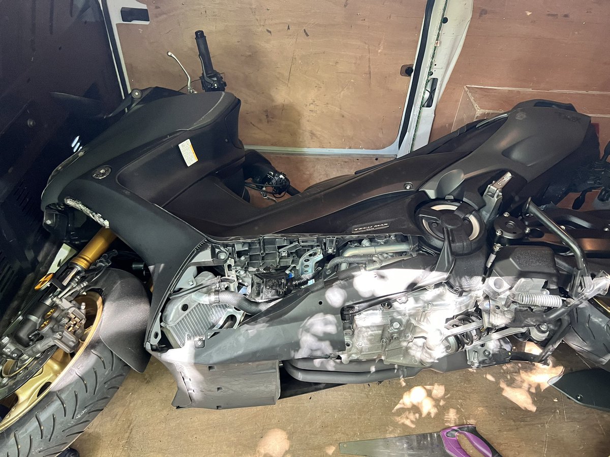 stolen_london's tweet photo. Great result today - stolen van on false plates hiding a freshly stolen TMAX Scooter within (equipped with a @BikeTrac, which saved it). Had to peel it open slightly 😬. Massive thanks to local units who came out and didn’t give up until we had it open - legends! https://t.co/VwHeYVECen