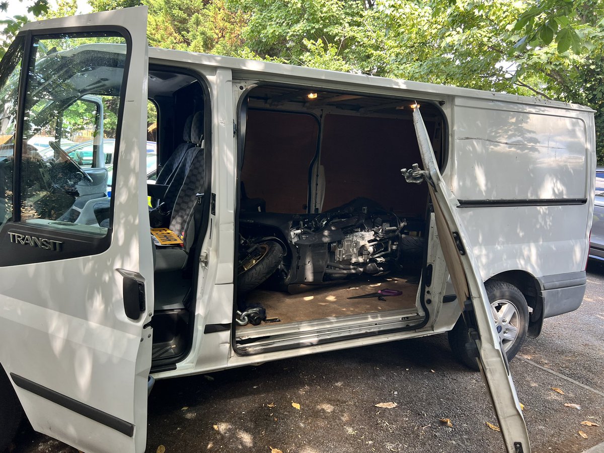 stolen_london's tweet photo. Great result today - stolen van on false plates hiding a freshly stolen TMAX Scooter within (equipped with a @BikeTrac, which saved it). Had to peel it open slightly 😬. Massive thanks to local units who came out and didn’t give up until we had it open - legends! https://t.co/VwHeYVECen