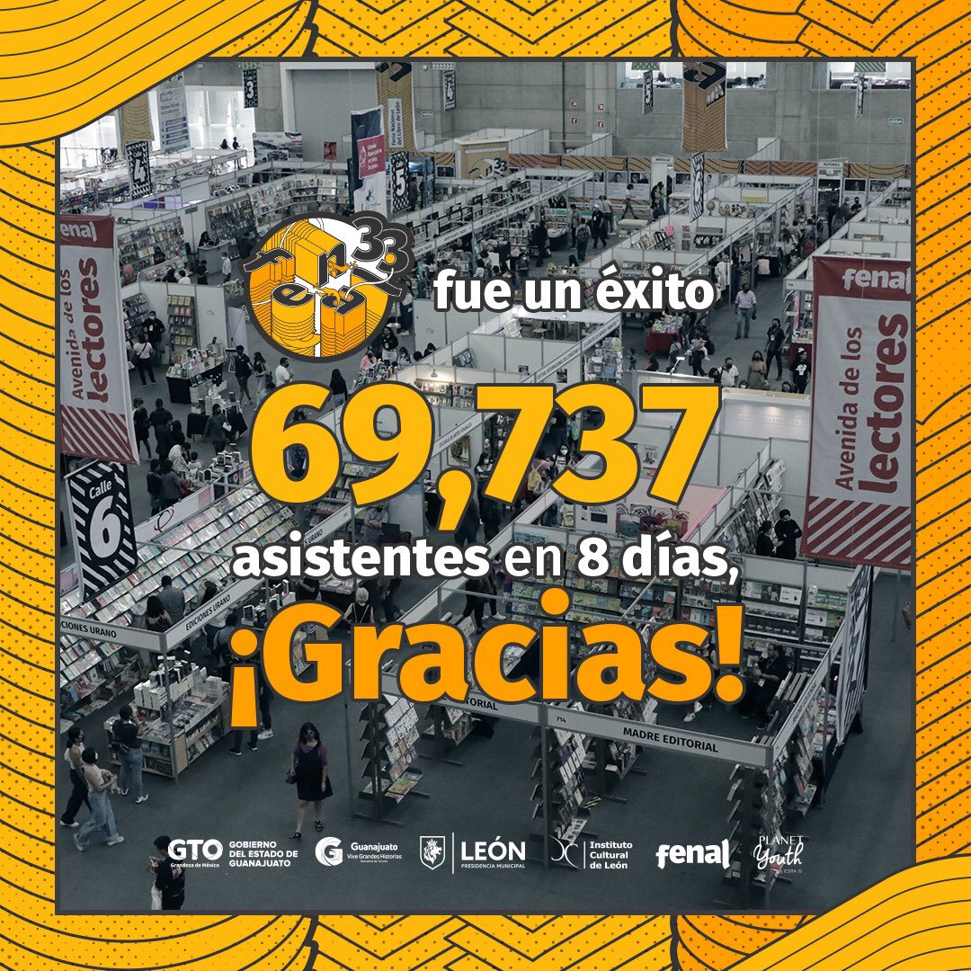 FenalMX's tweet image. ✨ ¡Gracias por acompañarnos en #Fenal33! Recorrer sus pasillos con su oferta literaria y disfrutar de más de 200 actividades. 

🟡 Gracias por ser parte de los más de 69 mil asistentes en 8 días, hacer de #MiFenal un éxito y un espacio de encuentro.

¡Nos vemos en Fenal 34! ✌️