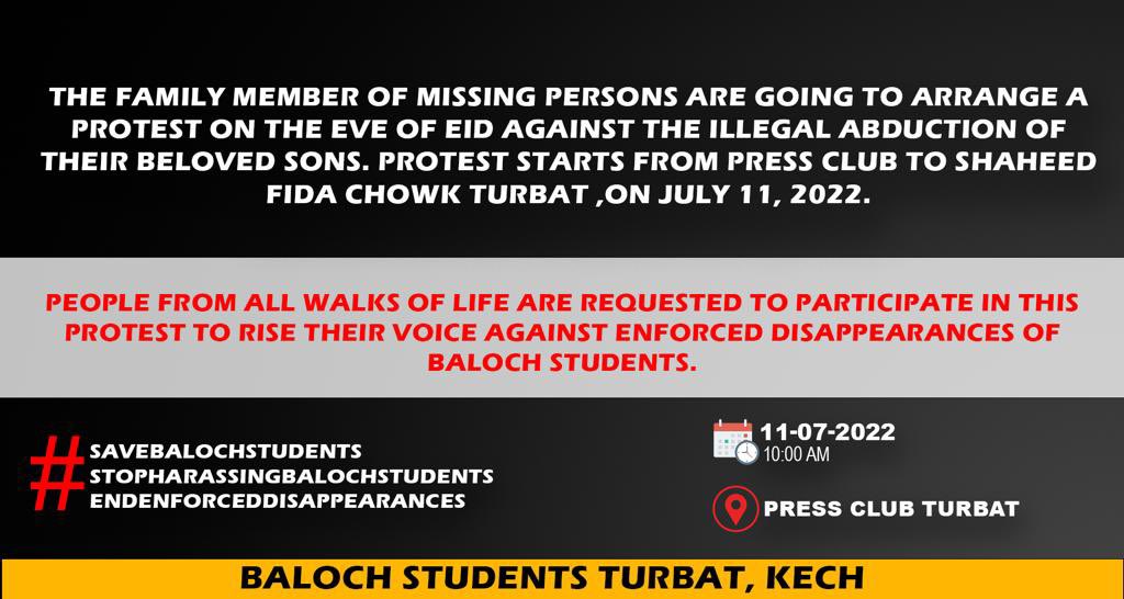 BST_kech's tweet photo. The family member of missing persons are going to arrange a protest on the eve of Eid against the illegal abduction of their beloved sons. Protest starts from press club to shaheed Fida chowk Turbat ,on July 11, 2022.

Date: 11-07-2022  Time: 10 am  Place: Press club Turbat https://t.co/6C9Hiv4Brb