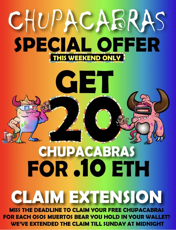 🚨Exclusive Mint Deal🚨

✅ Buy 20 Chupacabras = 0.1 ETH 

✅ Limited Time Only!!

👹Mint Now👹

projectrxnegade.com/mint/chupacabr…

🚨Free Mint Claim Extension 🚨

⭐️Osos on Secondary with Unclaimed 
⭐️Log into Mint Page to Claim 

#FreeMint #NFT <a href="/PCK_eth/">PCK</a> <a href="/ClownsCranky/">🎪 Cranky 🎪|| CrankyDev.eth</a> <a href="/ProjectRxnegade/">Rxnegade</a>