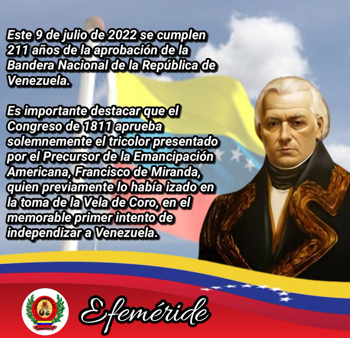 1era_Rodeo443's tweet photo. Hoy se cumplen 211 años de la aprobación del Congreso de 1811, de la Bandera de la República de Venezuela. La misma presentada por el Generalísimo Francisco de Miranda, que fue izada en la Toma de la Vela de Coro.
#Jul09
#BricomilesSalud
@GNBCmdtGral
@czgnb_44
@ARNOSF https://t.co/F3CgdPUQJO