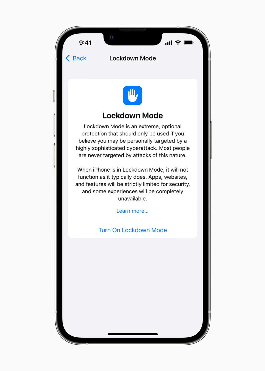 #Apple's Lockdown Mode, launching in iOS 16, will feature advanced security measure to ensure that it's more difficult than ever to compromise an #iPhone. 

apple.co/3yLPggp