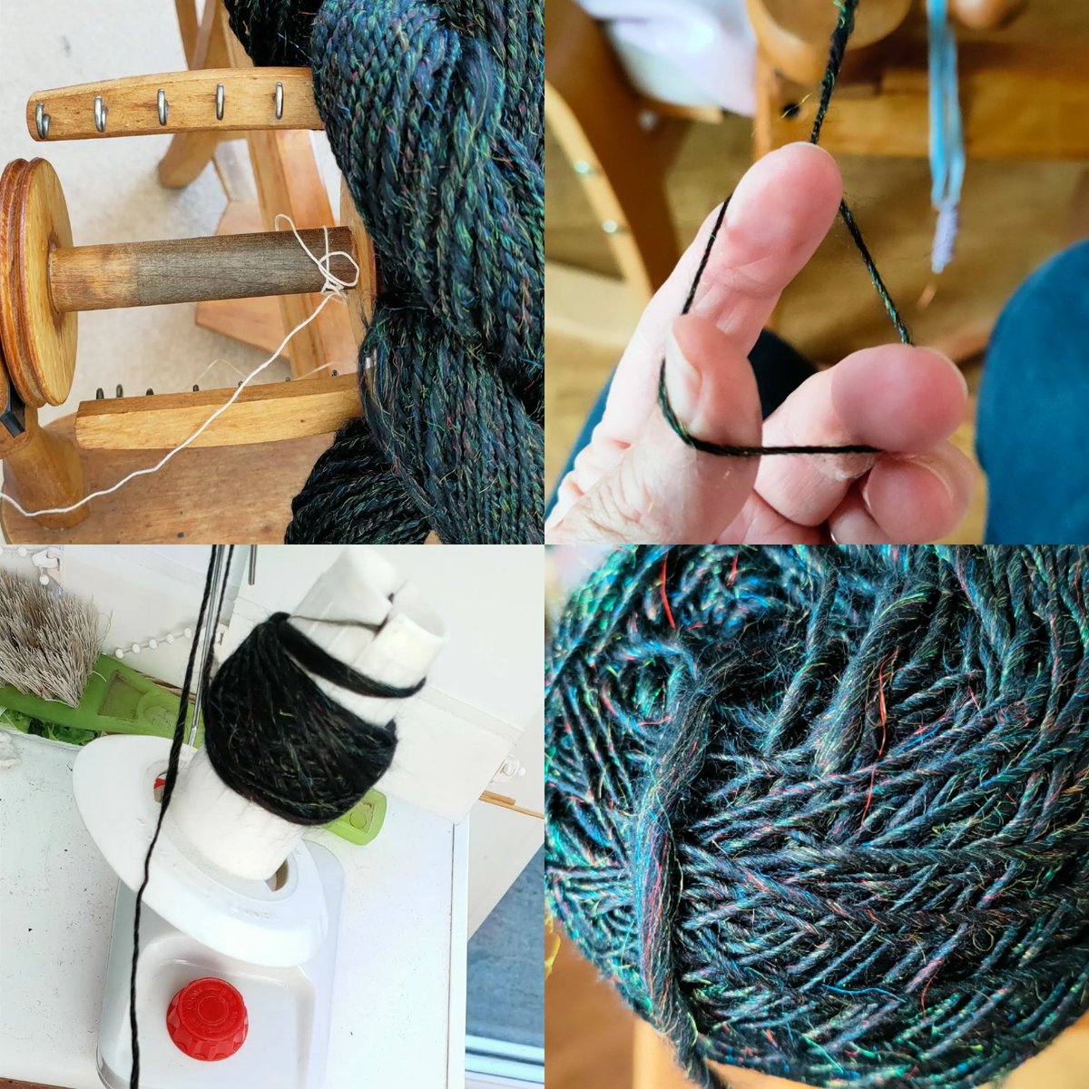 BridieTonge's tweet photo. No waste plying. Bobbin to cake, ply back onto bobbin then niddynoddy to skein up. @willofibres merino with sparkle in black. #spinningwheel #handspunwool #merinowithsparkle https://t.co/l7DiY85biP