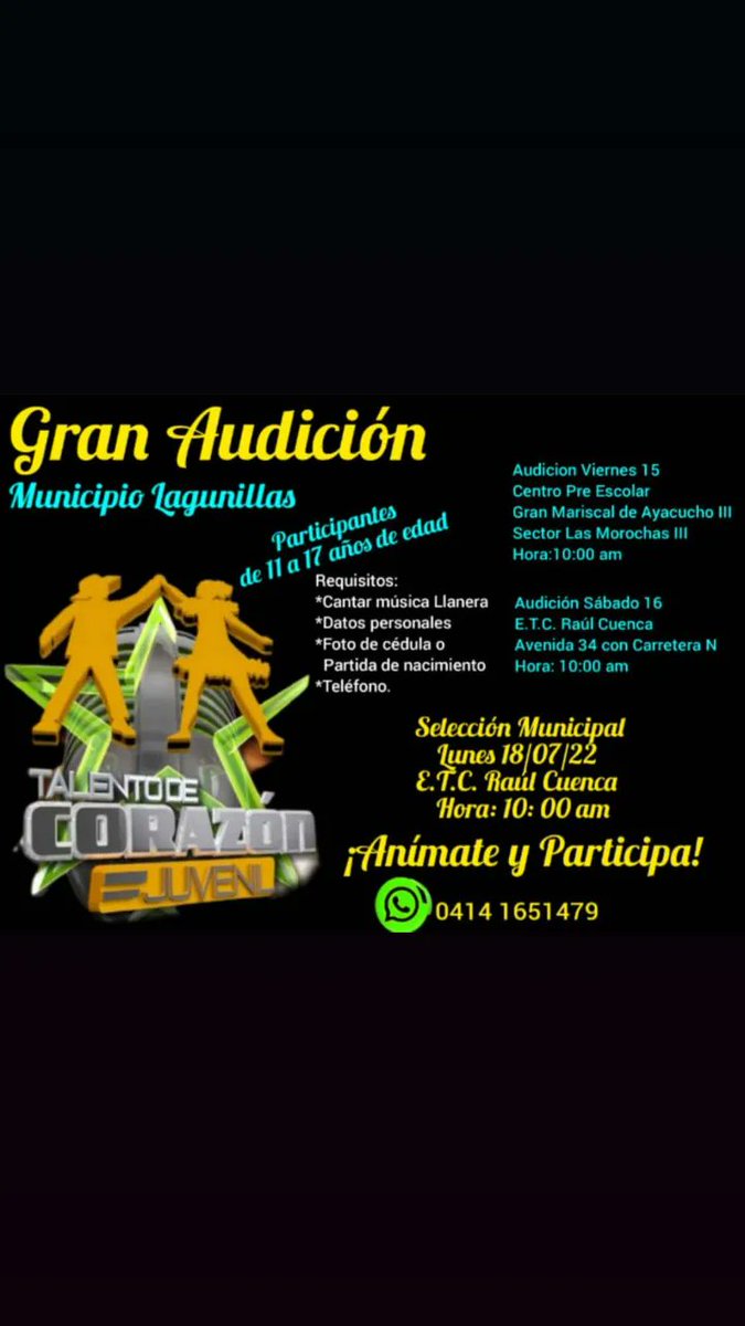 Leallg's tweet photo. El programa Talento de Corazón Juvenil realizará audiciones para elegir adolescentes que representen al municipio Lagunillas...
#Lagunillas #CiudadOjeda #CiudadUrdaneta #Paraute #CorazonLlanero #TalentodeCorazon https://t.co/rBrB4PDphn