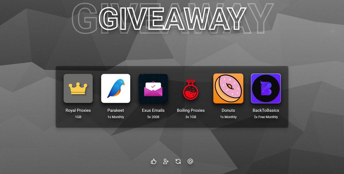 Giveaway!!🎉

Like❤️
Retweet♻️
Follow👇

1x Monthly @Dcookgroup
5x 2008 Mails @ExusEmails
1GB @RoyalProxiesio
1x Monthly @ParakeetIO
3x 1GB @BoilingProxies
2x Monthly @BasicCookGroup