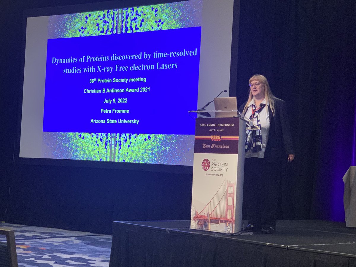HardyLabUMass's tweet photo. Totally inspiring talk by Petra Fromme of @ASUBiodesign at the @ProteinSociety symposium! Congratulations on your Anfinson Award, your detailed insights into PS1, and especially the mini-XFEL you are building on your campus! So impressed with your leadership &amp; indomitability! https://t.co/X9xW1eBVUJ