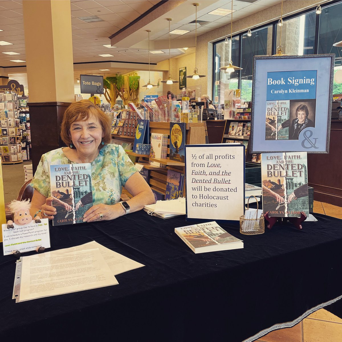 Today we have the pleasure of having Carolyn Kleinman in for a book signing! Stop by for a signed copy of “Love, Faith, and the Dented Bullet” today! #booksigning #localauthor