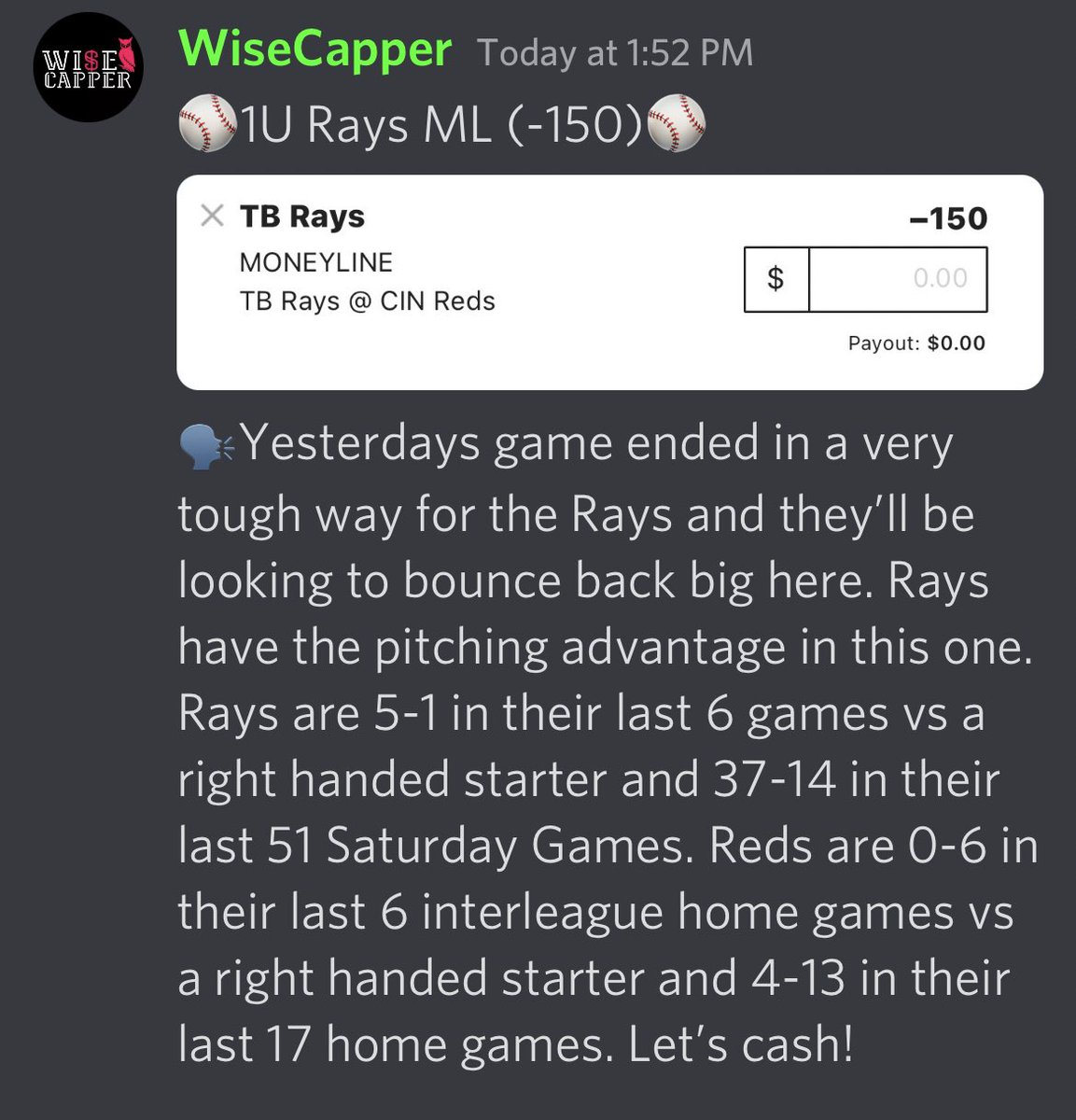WiseCapper's tweet photo. MLB Free Play⚾️

Rays ML (-150)

Show some love if you’re riding with me and let’s cash🔥💰

#GamblingTwitter https://t.co/mavtYK7xC3