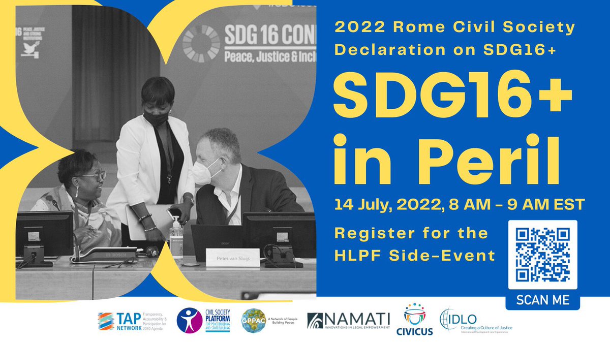 idps_cspps's tweet image. Come together with #civilsociety in the midst of the #HLPF2022 to discuss our recommendations outlined in the 2022 Rome Declaration on #SDG16+ and our collective mobilization for the upcoming year 🕊️ #HLPF #2022HLPF 

📅14 July
⌚️8 AM to 9 AM EST
🔗bit.ly/SDG16inPerilHL…