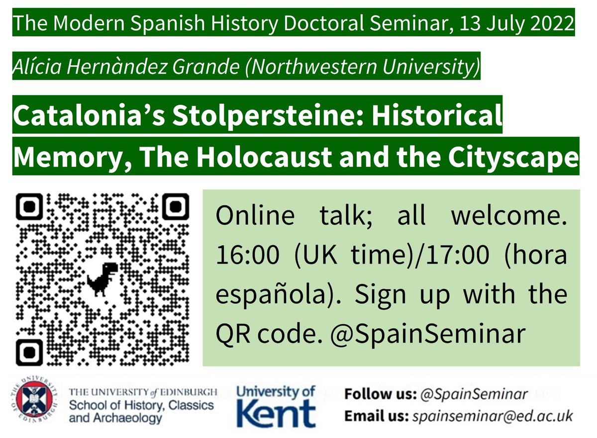 Next week: Dr Alìcia Hernàndez Grande @alihergra discusses ‘Catalonia’s Stolpersteine: historical memory, the Holocaust, and the cityscape’
Register: eventbrite.co.uk/e/modern-spani…