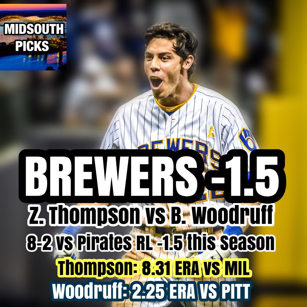 midsouthpicks's tweet photo. July 9th Free Pick 

Brewers -1.5 vs Pittsburgh ⚾️🔥

#FreeBet #OnFire #LetsEat #WinnersOnly #MilwaukeeBrewers #ChristianYelich #BrandonWoodruff #ZachThompson #Bang #FanDuel #DraftKings #SportsBet https://t.co/E0iVSrcltv