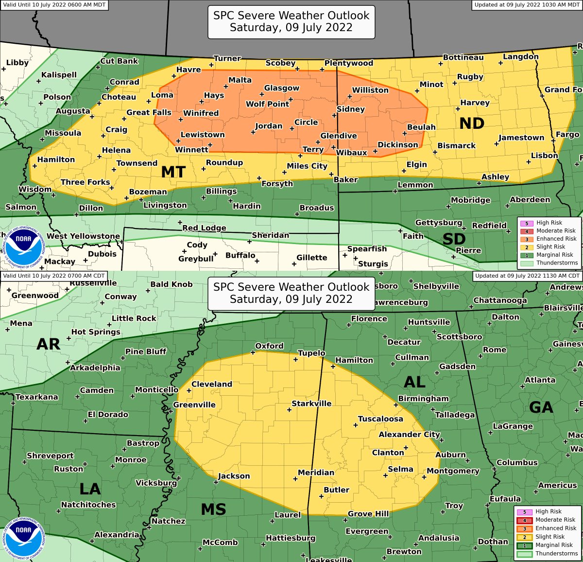 NWSSPC's tweet image. An Enhanced Risk (Level 3 of 5) of severe weather is forecast this evening/overnight across central/eastern MT and western ND, and a Slight Risk (Level 2 of 5) is forecast across parts of MS and AL this afternoon. Damaging winds will be the primary threat in both regions.