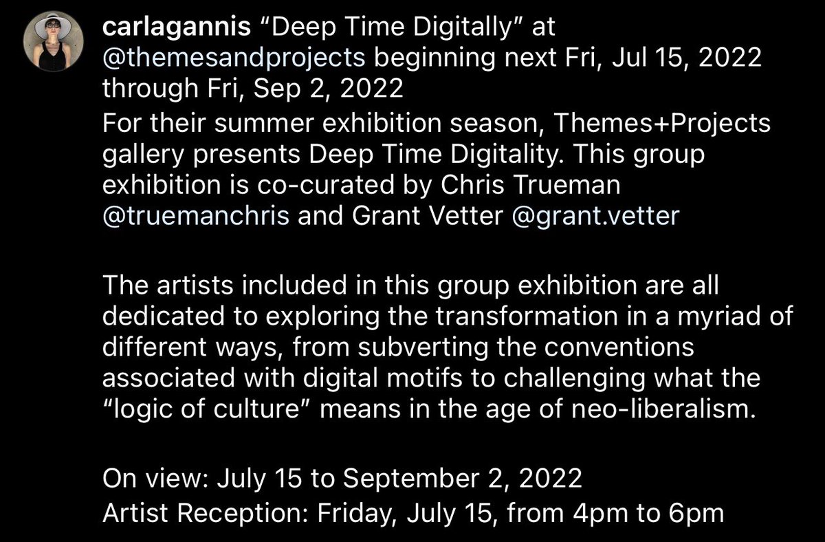 Showing with this stellar LA/NYC artist lineup in the upcoming exhibition 
Deep Time Digitally
@ Themes+Projects in San Fran curated by master curator ⚔️ <a href="/ctrueman/">Chris Trueman</a> &amp; Grant Vetter 

<a href="/carlagannis/">Carla Gannis</a> 
<a href="/ivonatau/">Ivona Tau</a> 
<a href="/camilamagrane/">Camila Magrane</a> 
<a href="/makeitrad1/">makeitrad</a> 
<a href="/studiomeeson/">Studio Meeson</a>