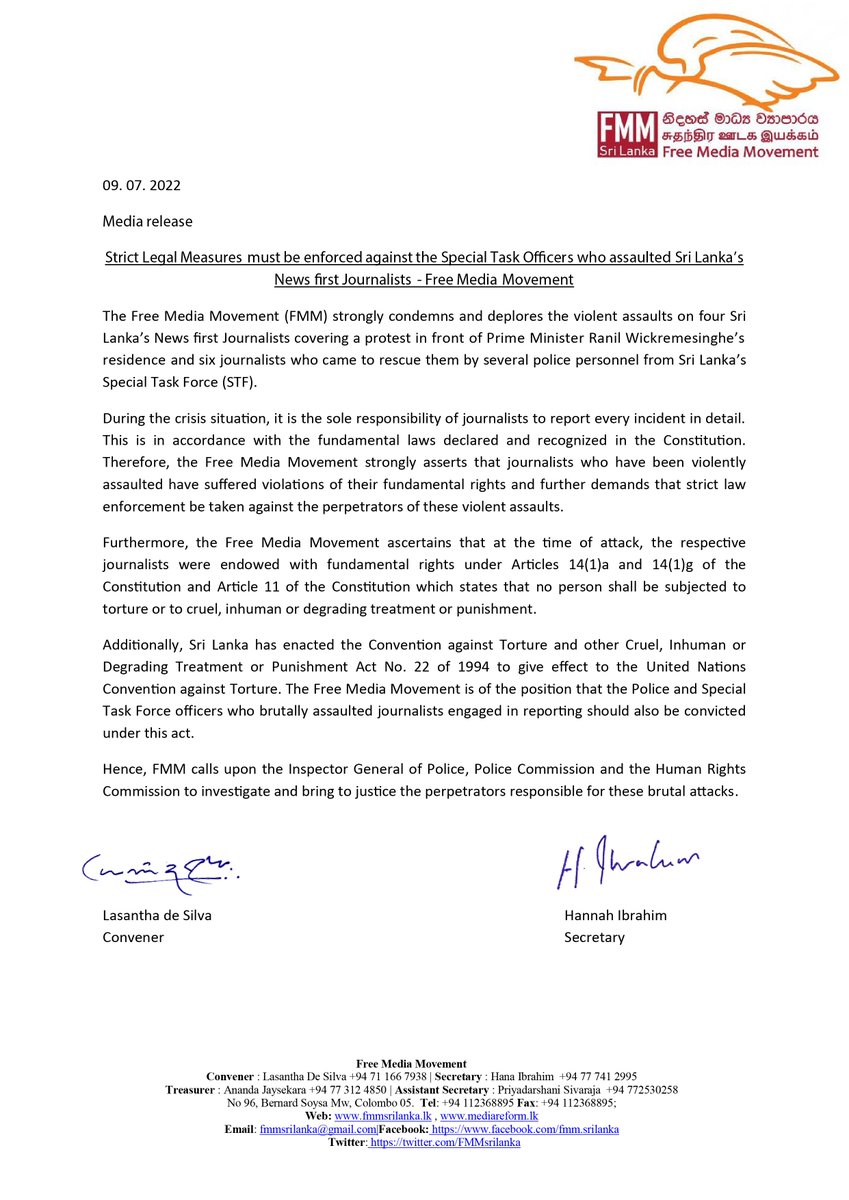 FMMsrilanka's tweet photo. The Free Media Movement strongly condemns and deplores the violent assaults on four Sri Lanka’s News first Journalists covering a protest in front of PM Ranil Wickremesinghe’s residence and six journalists who came to rescue them by several police personnel from Sri Lanka’s (STF) https://t.co/MdYLPh3NSm