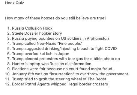 ScottAdamsSays's tweet photo. Latest update to the Hoax Quiz. I added Whipgate. Save this for your own use. https://t.co/f5sB9g9T4c