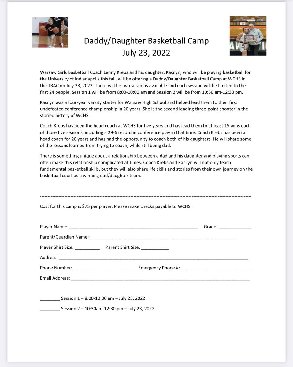 Dads: You won’t want to miss this opportunity to spend time on the court with your daughter. <a href="/LennyKrebs/">Lenny Krebs</a> and <a href="/KacilynK/">kacilyn krebs</a> will be offering the 2nd Annual Daddy/Daughter Basketball Camp on July 23rd. Contact Coach Krebs to sign up. 

Limited to 24 participants each session!
