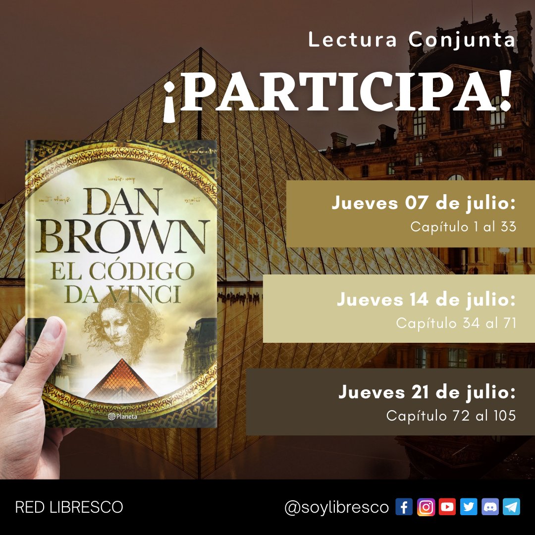 soylibresco's tweet photo. 📚"El código Da Vinci de Dan Brown"
❞𝑳𝒂 𝒄𝒍𝒂𝒗𝒆 𝒆𝒔 𝒖𝒏 𝒎𝒂𝒑𝒂 𝒒𝒖𝒆 𝒔𝒐́𝒍𝒐 𝒑𝒖𝒆𝒅𝒆 𝒍𝒆𝒆𝒓 𝒒𝒖𝒊𝒆𝒏 𝒔𝒆𝒂 𝒅𝒊𝒈𝒏𝒐 𝒅𝒆 𝒆𝒍𝒍𝒂❞
⚜️Participa: https://t.co/yfaoIyKPL2
¡Te esperamos el próximo jueves!
#soylibresco #ElCodigoDaVinci #DanBrown https://t.co/LiRiZAj0ft