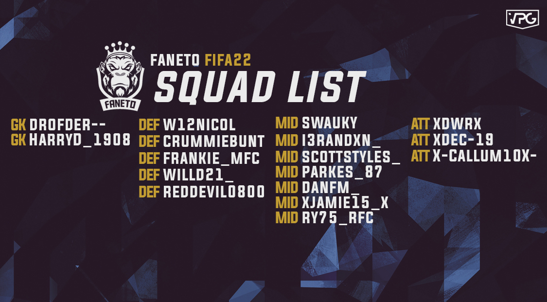 Squad list announced for Faneto competing in the <a href="/OfficialVPG/">Virtual Pro Gaming</a> <a href="/VPGUK/">VPG UK Leagues</a> this season!