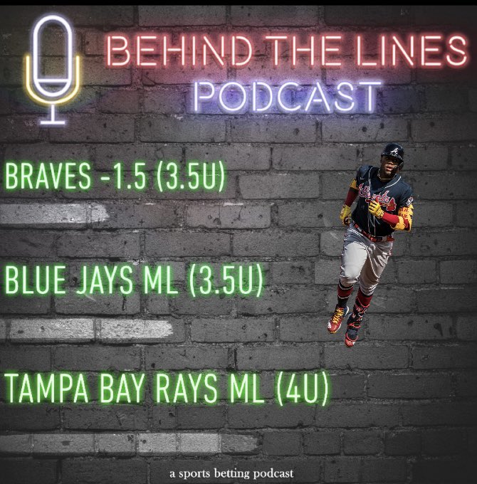 _BehindThePod's tweet photo. Some more big plays on the mound today. Let’s bring the units home! #BTLBets #Freeplays #Mlb #Picks 

Braves -115
3:10 cst 

Blue jays -119
9:10 cst 

Rays -142
3:10 cst https://t.co/XwdmCHD9iN