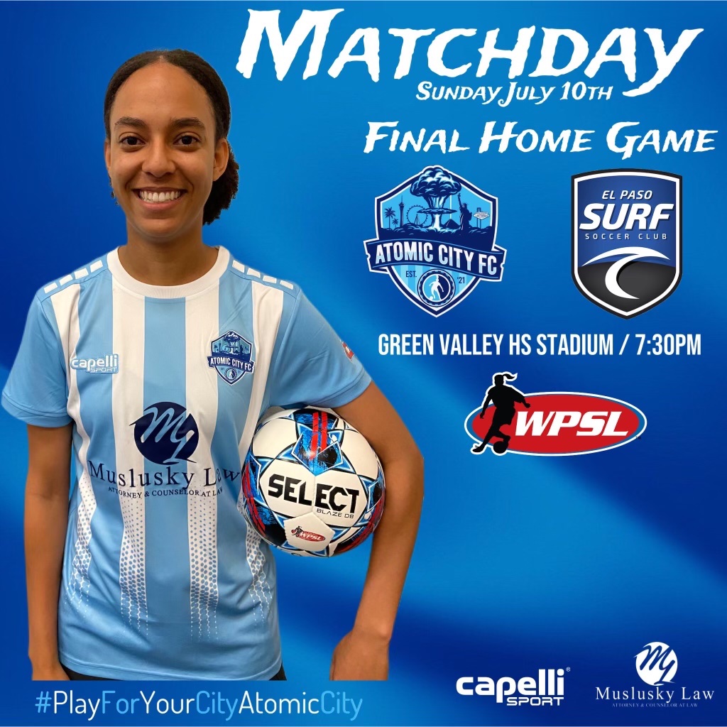 AtomicCityFC's tweet image. Come cheer on our amazing women for their last match of the season this Sunday July 10th. They take on El Paso Surf with a 7:30pm kickoff at Green Valley HS Football Stadium in Henderson. 
🆚 El Paso Surf
🕖 7:30pm kick off 
🏟 Green Valley HS Football Stadium