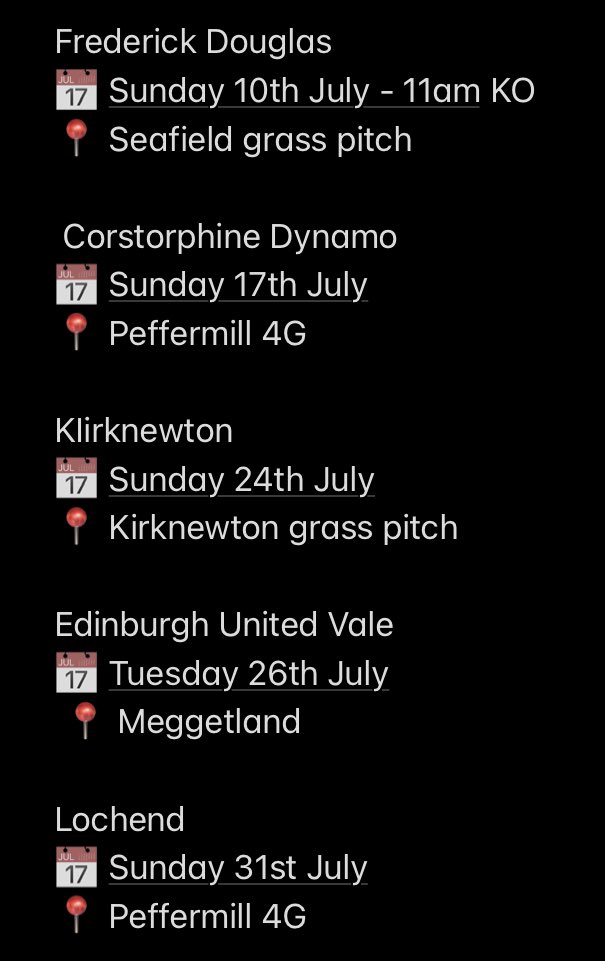 Edinburgh Caledonian (@edburghcaleyfc) on Twitter photo Upcoming pre season fixtures..
Times for all games will be confirmed in the coming days. Other fixtures TBC.
<a href="/1846Douglass/">Frederick Douglass 1846</a>
<a href="/CorrieDynamoFC/">Corstorphine Dynamo CFC</a>
<a href="/kirkyfc2022/">Kirknewton CFC</a>
<a href="/AfcLochend/">Lochend AFC</a>
🤝 Upcoming pre season fixtures..
Times for all games will be confirmed in the coming days. Other fixtures TBC.
<a href="/1846Douglass/">Frederick Douglass 1846</a>
<a href="/CorrieDynamoFC/">Corstorphine Dynamo CFC</a>
<a href="/kirkyfc2022/">Kirknewton CFC</a>
<a href="/AfcLochend/">Lochend AFC</a>
🤝