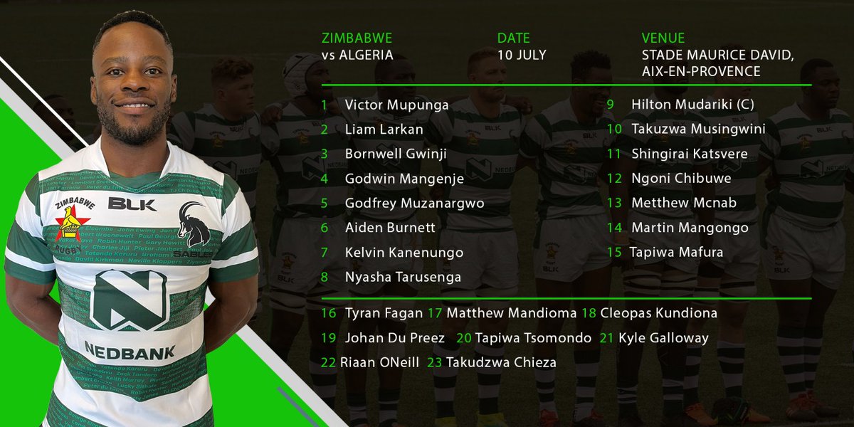 Team Lineup | Zimbabwe Sable vs Algeria Sables play their final game in Africa World Cup Qualifiers tomorrow; it has been a fantastic journey for the boys and will be a tournament to remember. #ZimRugby #BackASable #RWCQualifiers