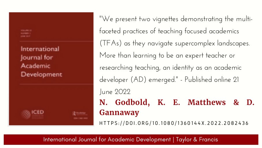 IJAD (@intljouracaddev) on Twitter photo New release: 'Examining the overlapping identities of teaching focused academics and academic developers: expanding ideas', by <a href="/GodboldNattalia/">Nattalia Godbold</a>, <a href="/kellymatthewsUQ/">Kelly Matthews</a> & @deannegannaway - doi.org/10.1080/136014⦠New release: 'Examining the overlapping identities of teaching focused academics and academic developers: expanding ideas', by <a href="/GodboldNattalia/">Nattalia Godbold</a>, <a href="/kellymatthewsUQ/">Kelly Matthews</a> & @deannegannaway - doi.org/10.1080/136014ā¦