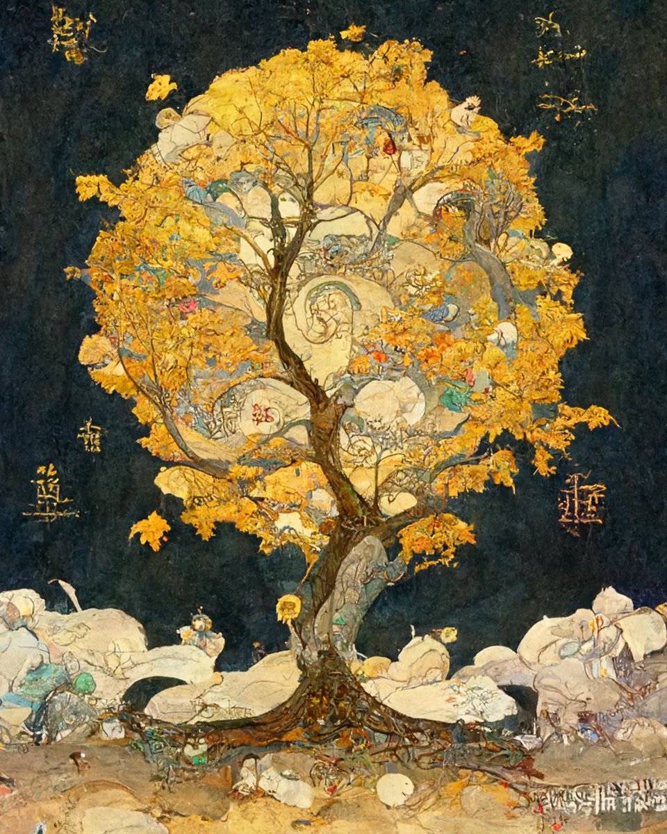 vfxartisan's tweet photo. >a wide shot of tree of life in the center of serenity, golden leaves, white background, rule of thirds, by Edmund Dulac and Huang Guangjian, Trending on artstation

#treeoflife #serenity
#midjourney #midjourneyart #midjourneyai #ai #aiart https://t.co/A45r79G1SI