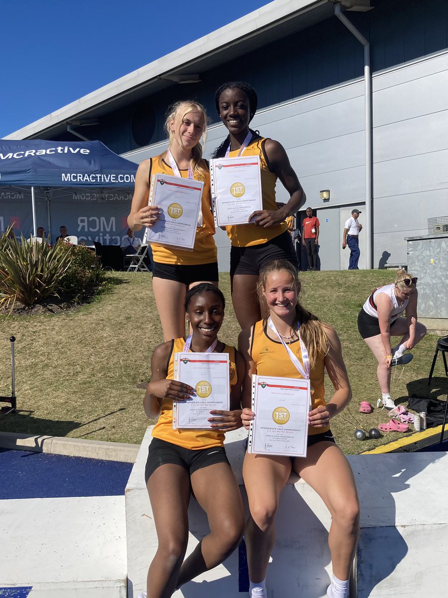 SySchAthletics's tweet photo. Huge congratulations to the Intermediate Girls relay team who won Gold 🥇and become English Schools champions!! @SchoolAthletics @WHSGPE @Howard_news @GHSSeniorSport @CollingwoodPE @CollingwoodCamb @harrierscroydon @AldershotAC @kingstonandpoly @Winch_Athletics https://t.co/BDyueMm1br