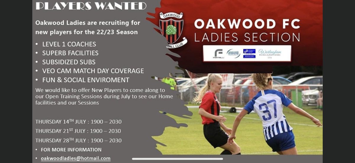 Do you play football ? Are you aged over 16 ? Are you interested in a new exciting challenge? Then why not try Oakwood ladies fc we have our own clubhouse own ground for match days and training, We play in the Kent league  on Sunday but based on Crawley please pm me for details.
