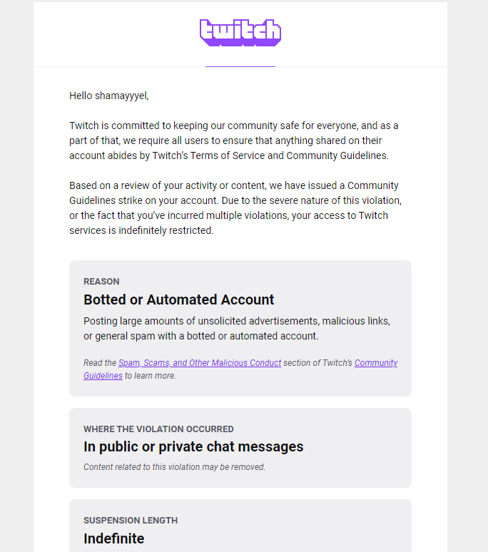 Shamayyyel's tweet photo. @TwitchSupport can i please get help i am not a robot i did a copypasta in my own chat and got banned for it pls bro i need to stream https://t.co/l0LrRvBVEY