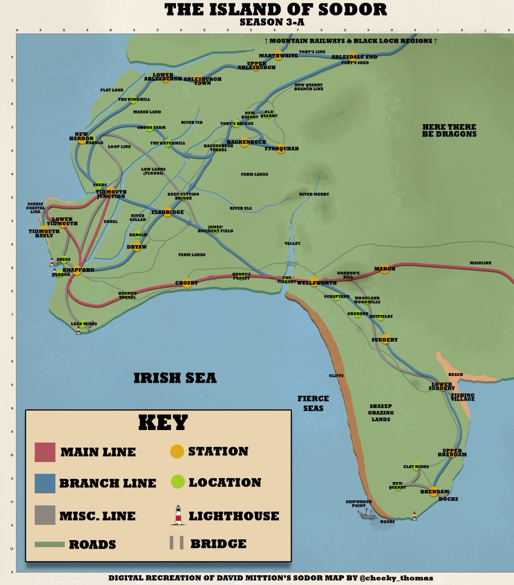 cheeky_thomas's tweet photo. No headcanons or AUs here - this is a digital, straightforward recreation of David Mitton's Island of Sodor Map as it was in Season 3A condition, quirks and all. I tried to include every location the map made a note of.

Film grid was provided by @TheUnluckyTug https://t.co/bKvVCfxHQO