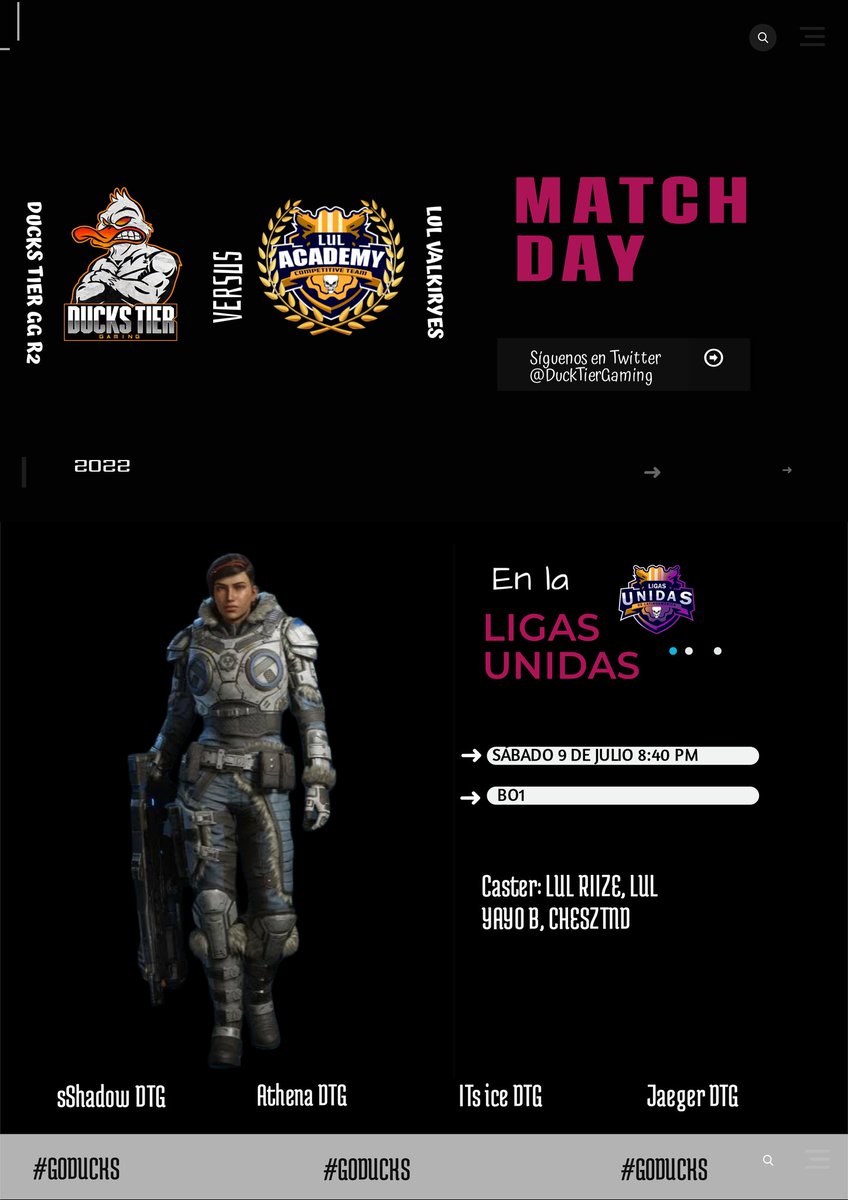 Y también tenemos doble match hoy en la <a href="/LigasUnidas/">Ligas Unidas de Latinoamerica</a>
🆚 <a href="/LigasUnidas/">Ligas Unidas de Latinoamerica</a> lul Valkiryes
Contra nuestro roster 2
⚙️ @ShadowTenred
⚙️ @Athenea_Eli
⚙️ @saulyourdaddy
⚙️ <a href="/Jaeger_DTG/">Jaeger DTG</a>

#GODUCKS

Caster <a href="/RiizeI/">🦄 Riize Oficial 🦄</a> <a href="/LuLYayoB/">Yayo Bautista</a> @CheszTnd 🤝🏻🔥